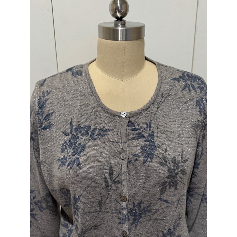 Women's Style & Co. Cardigan Size M silver Gray blue Floral 3/4 sleeve